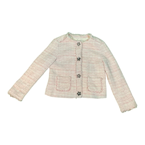 Zara Basic Women’s Size Small Long Sleeve Pink and White Tweed Short Jacket - Picture 11 of 15
